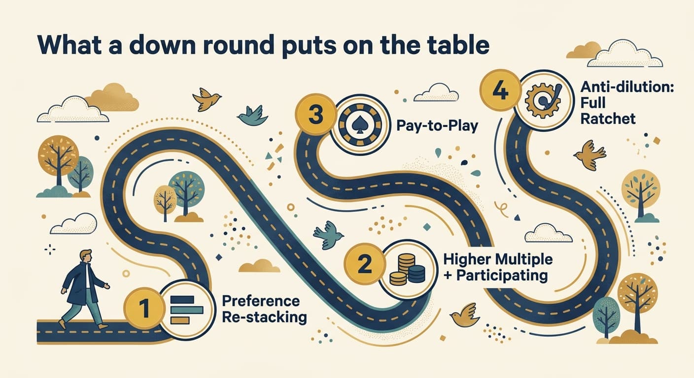 down round 會帶出的這幾條：優先權重排、更高倍數＋參與分配、pay-to-play，再加上反稀釋。